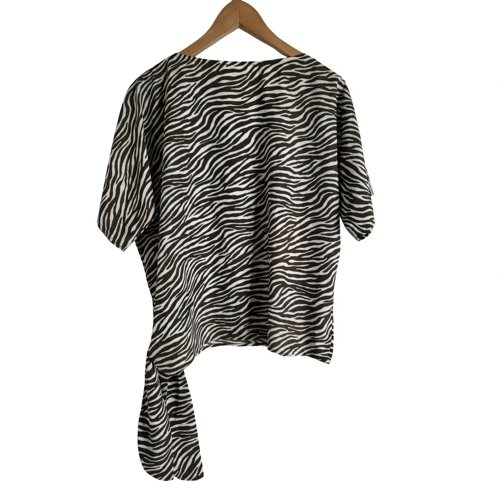 Michael Michael Kors Zebra Print Side Tie Blouse Brown White M Relaxed Luxury
